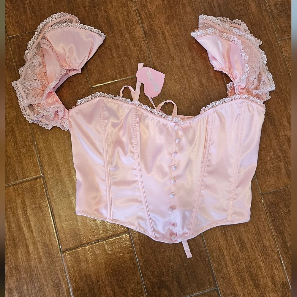 Sugar Thrillz Pink Satin Corset with Lace Trim - 1x
